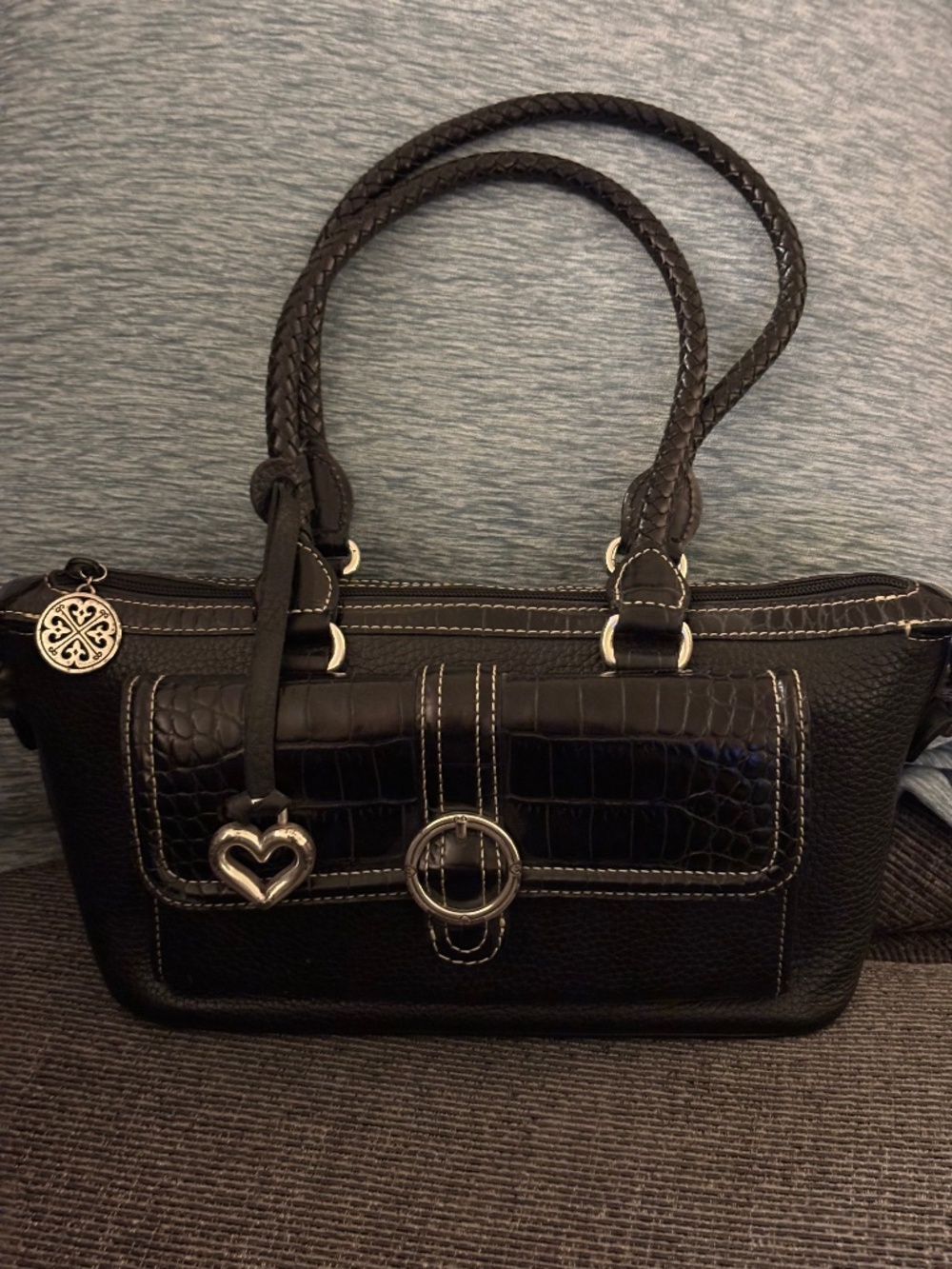 Vintage Brighton Black Pebble Leather Crocodile Print Pocket Braided Handle
